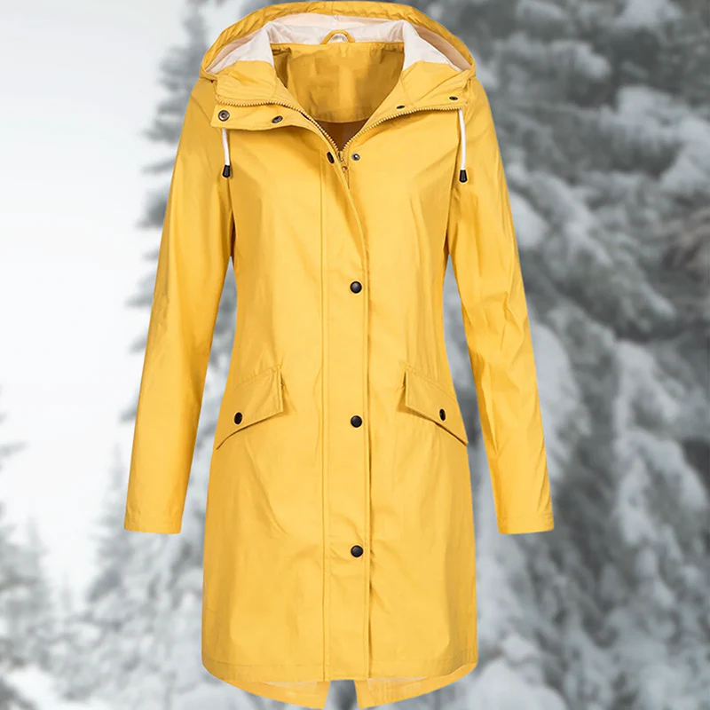 Women’s Rain Coat with Snap Buttons and Drawstring Hood